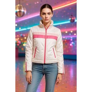 Retro White & Pink Zip Jacket – Size Small